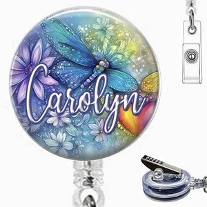 Personalized Floral Dragonfly Gift Work Id Holder Retractable Badge Reel - Picture 1 of 7