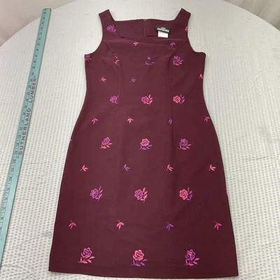 Vntg Jodi Kristoper 勃艮第刺绣花卉紧身连衣裙女式 4 码 — 第 1/4 张图片