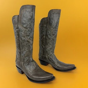 Lucchese Mens 9.5 B Gray Leather Cowboy Boots Scalloped Tall Shaft Western Rodeo - Picture 1 of 23