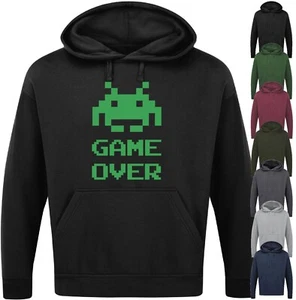 GAME OVER HOODIE Funny Slogan Novelty Mens Geek Gift Gaming Space Invaders Retro - Picture 1 of 17