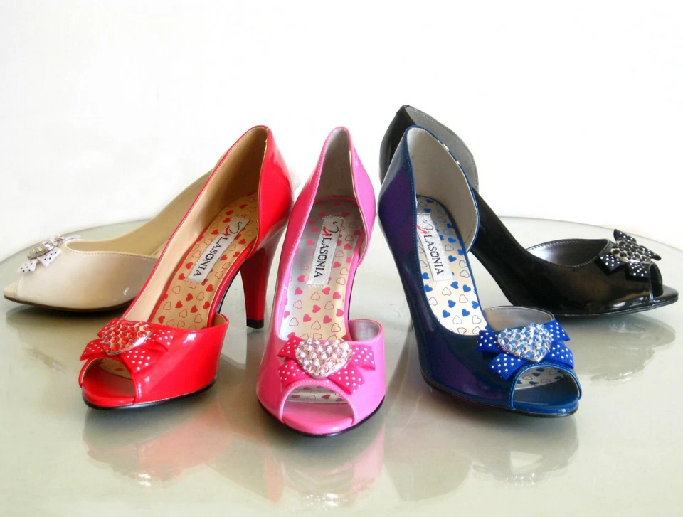 Nuevos zapatos de tacón para mujer con lazo corazón blanco rosa azul rojo negro 5 6,5 7 7,5 8,5 9 10 Foto 1 de 1