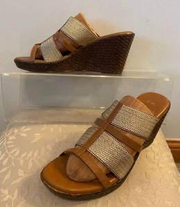 Italian Shoemakers Wedge Sandals Brown & Gold Strappy Slip-On Size 7.5 - Picture 1 of 11