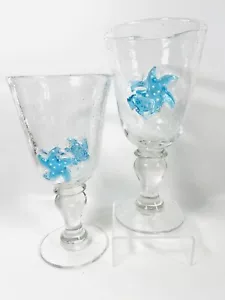 Vintage Set of 2 Clear Art Bubble Glass With Blue Starfish Wine Goblets - Picture 1 of 17