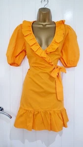 RIVER ISLAND Size 10 Faux Wrap Flippy Mini Dress Orange Summer Cotton Frill BNWT - Picture 1 of 5
