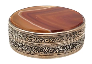 ANTIGUA Caja de Tapé Redondo Plata/Ágata 2 5/8" Bonitos Detalles - Imagen 1 de 5