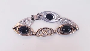 NEW PRICE! VINTAGE ART DECO 'SYMMETALLIC' BLACK ONYX STERLING SILVER BRACELET - Picture 1 of 3