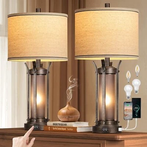 QiMH Farmhouse Table Lamps for Living Room, Rustic Beside Lamps for Bedroom with - Picture 1 of 7