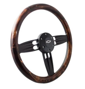 14" Black Steering Wheel Flamed Pine Grip Chevy Horn/Adapter Set Double Barrel - Picture 1 of 2