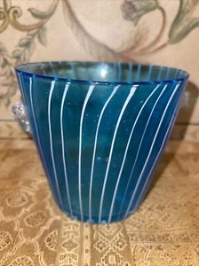 Venini DiSaranno Murano Art Hand Blown Glass Ice Bucket 5" Blue Striped Italy - Picture 1 of 6