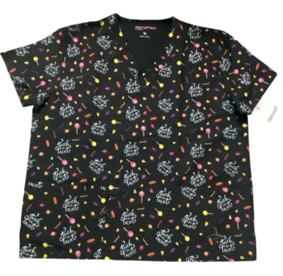 Microflex Unisex Halloween Trick or Treat Black Scrub Top Size XL- NEW - Image 1 of 4