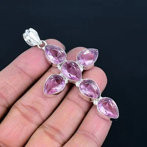 Pink Kunzite Pear Gemstone Ethnic 925 Sterling Silver Cross Pendant 3.2" VJ 331 - Picture 1 of 6
