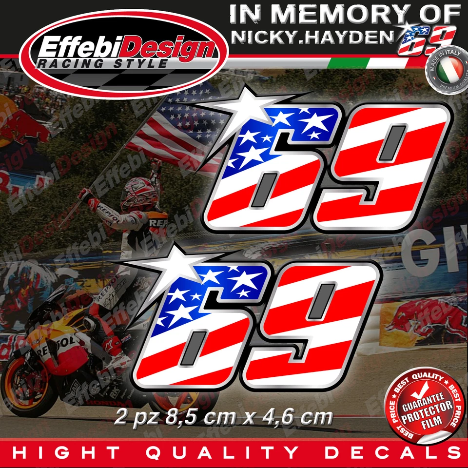 Adesivi Stickers 69 NIKY HAYDEN kentucky kid USA Tribute Legend Driver Motogp