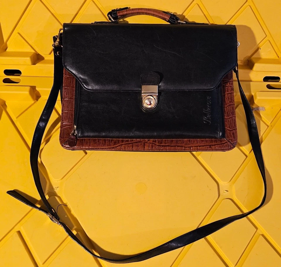 Maletín para computadora portátil Belle Rose de cuero negro y marrón con estampado de cocodrilo Foto 1 de 4