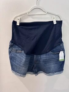 NWT Time and Tru Maternity Jean Shorts Sz XXL Dark Wash Cuffed Raw Hem Over Bell - Picture 1 of 6