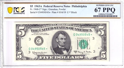 1963-A Federal Reserve Note *STAR* Philadelphia PCGS 67PPQ #C04950545* - Image 1 of 2