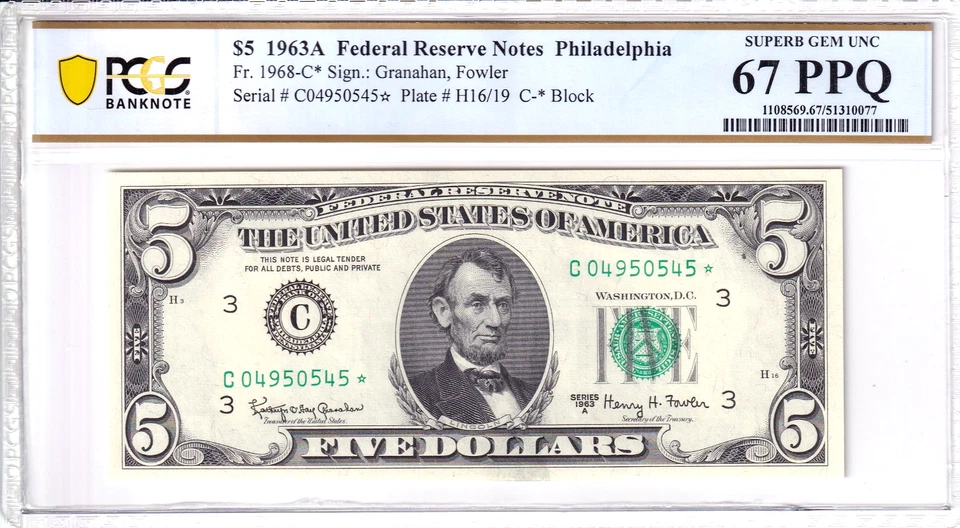 1963-A Federal Reserve Note *STAR* Philadelphia PCGS 67PPQ #C04950545* - Image 1 of 2