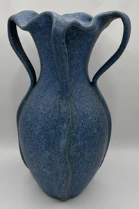 TIM EBERHARDT NEW ART POTTERY BLUE HANDMADE VASE w/ SPECKS & WATERFALL HANDLES - Picture 1 of 9