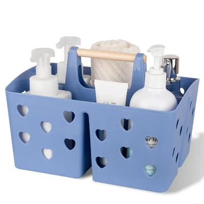 Portable Shower Caddy Plastic Basket with Wood Handle Divided Shower Tote Sto... - Image 1 of 4