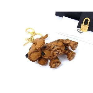 Mcm Monogram Visetos Pattern Leather Dog Charm Keychain Keyring Brown Bk8103 - Picture 1 of 4