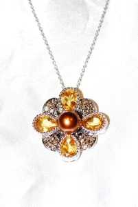 BN Genuine Diamond, Pearl & Citrine 925 Silver Necklace - Picture 1 of 1