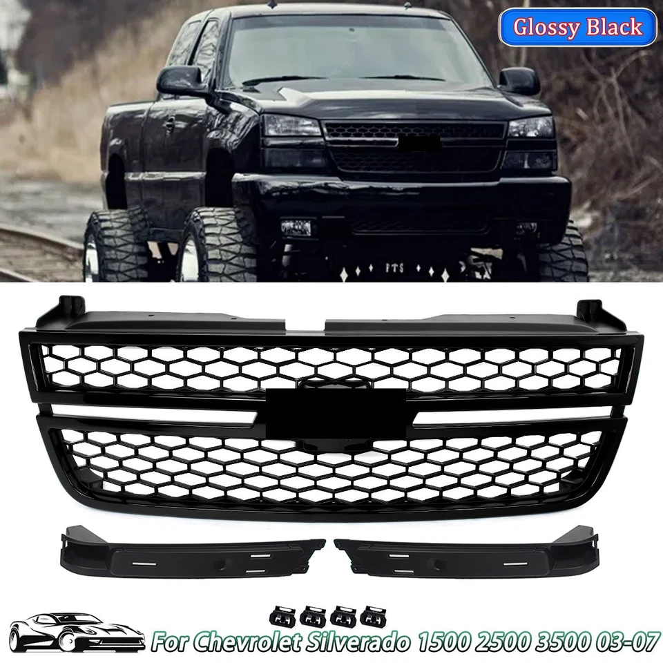 Front Upper Grille For Chevrolet Silverado 1500 2500 3500 03-07 Honeycomb Glossy Foto 1 de 4