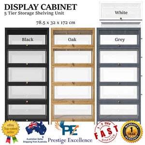 Display Cabinet Storage Shelves Bamboo Clear Door 5 Tier Bookshelf Rack Bookcase - Picture 1 of 34