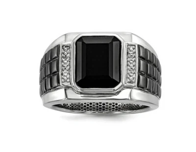 935 Argentium Silver White CZ & Black Onyx Square Black Rhodium Plated Mens Ring - Image 1 of 4