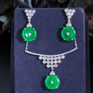 Green Cubic Zircon CZ Round Dangle Drop Jewelry Set for Fiancee Vintage Jewelry - Foto 1 di 7