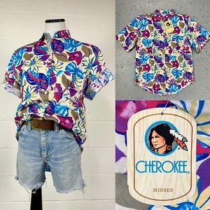 Vintage 80s Hawaiian Floral Cotton Camp Shirt Deadstock NWT Preppy Vaporwave M - Picture 1 of 11