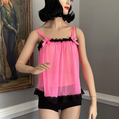 Victoria's Secret Sexy Little Things Rosa y Negro Babydoll Camisón Top Transparente S/M Foto 1 de 4