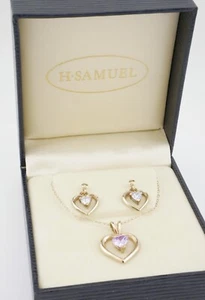 Stunning Amethyst 9ct Gold Heart Shaped Earrings and Necklace Set Full Hallmark - Picture 1 of 4