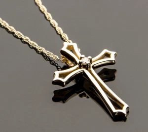 Religious Cross Necklace with White Diamond 14K Yellow Gold Cut-Out Open Design - Picture 1 of 10