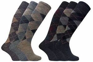 3 Pack Mens Extra Long Knee High Warm Argyle Lambs Wool Socks in Brown or Grey