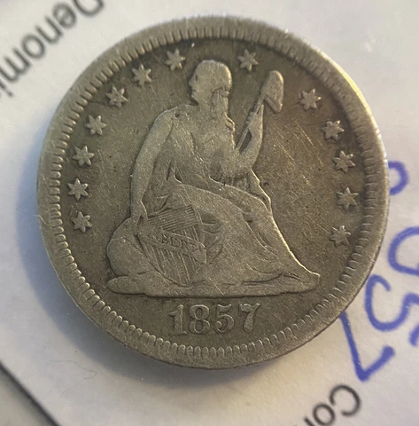 1857 Seated Liberty Silver Quarter, Great Type Set Coin! Nice Coin! X1 Cover