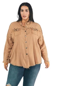 Davi & Dani Oversize Button-Down Shirt Trendy Distressed Hem Stylish Casual Top - Picture 1 of 9