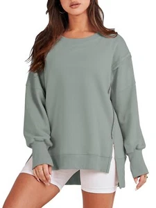 Women's Oversized Sweatshirt Crew Neck Long Sleeve Casual Slit Pullover Top F... - Picture 1 of 9