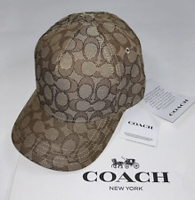 COACH Baseball Hat Unisex XS/S Khaki Jacquard SIGNATURE C Leather Strap $128 NEW