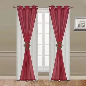 Luxury 6 Piece Faux Silk Grommet Linen With Sheer Grommet And Curtain Hold Back - Picture 1 of 7