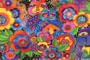 36"L x 44"W Clothworks Laurel Burch Fanciful Felines Bright Colors Cats Flowers - Picture 1 of 9