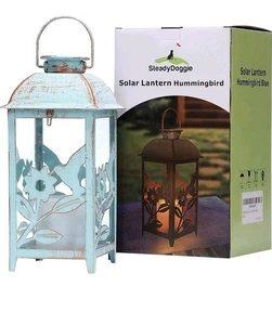 Solar Garden Lantern - Blue Decor, Glass and Metal Construction, Hanging, Low... - Picture 1 of 6