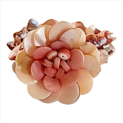 Boho Cuff Shell Large Flower Pink Peach Beads Bracelet Vintage - Image 1 of 4