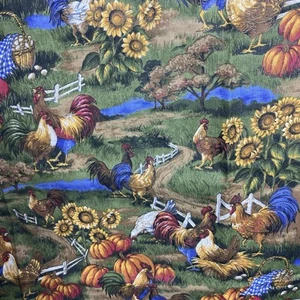 Cranston Cotton Fabric Chickens Sunflowers Quilting 2 yards VTG country pumpkins - Picture 1 of 9