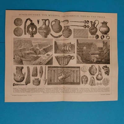 Orig.(1885) Holzstich  Die Augrabungen von Mykene, Troja  u.a. - Bild 1 von 4