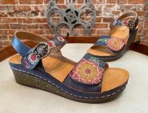L'Artiste Spring Step Blue Leather Wedge Sandals Roshni 35 5 New - Picture 1 of 3