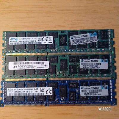 Lot 3x 8gb Samsung Hynix MICRON HP 240-Pin DDR3 SDRAM PC3L 10600R ECC Server Ram - Image 1 of 4