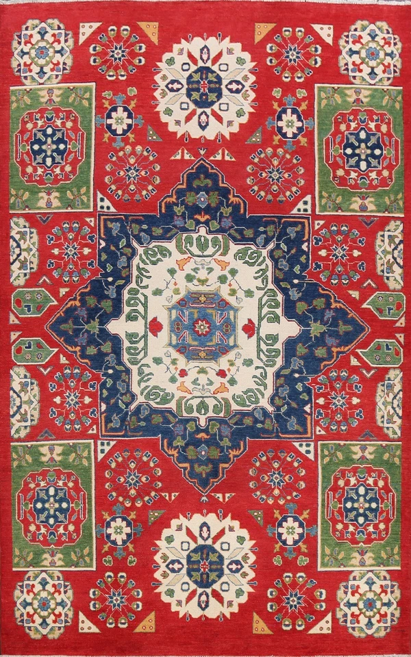 Vegetable Dye Super Kazak Oriental Area Rug Hand-knotted RED Home Decor 7'x10' - Image 1 of 4