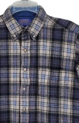 Pendleton Shirt Men L Beige Blk Blue Brwn Plaid Wool Flannel Button Down Vtg 70s - Image 1 of 4