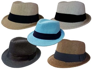 KIDS STRAW FEDORA TRILBY BUCKET HAT CHILDREN PAPER STRAW HAT CAP W/ Fabric Band - Picture 1 of 10