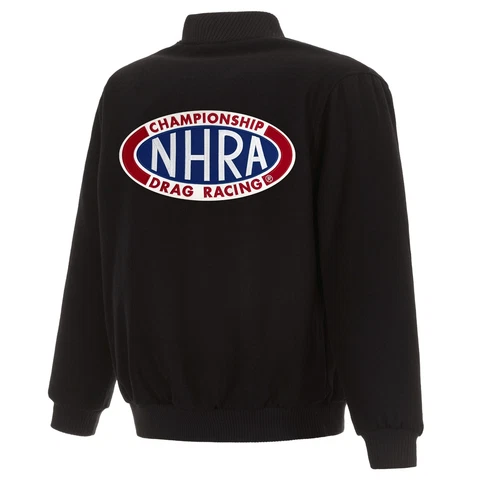 NHRA JH Design Wool Reversible Full Snap Jacket Embroidered Patch Logos Black Cover