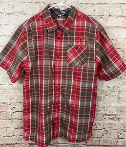 The North Face shirt mens sz XL button up seersucker red plaid short sleeve logo - Picture 1 of 6